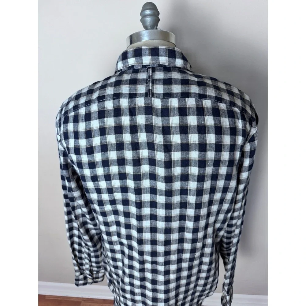 Banana Republic Button Up Shirt Mens M Camden Fit Blue‎ Plaid 100% Linen
